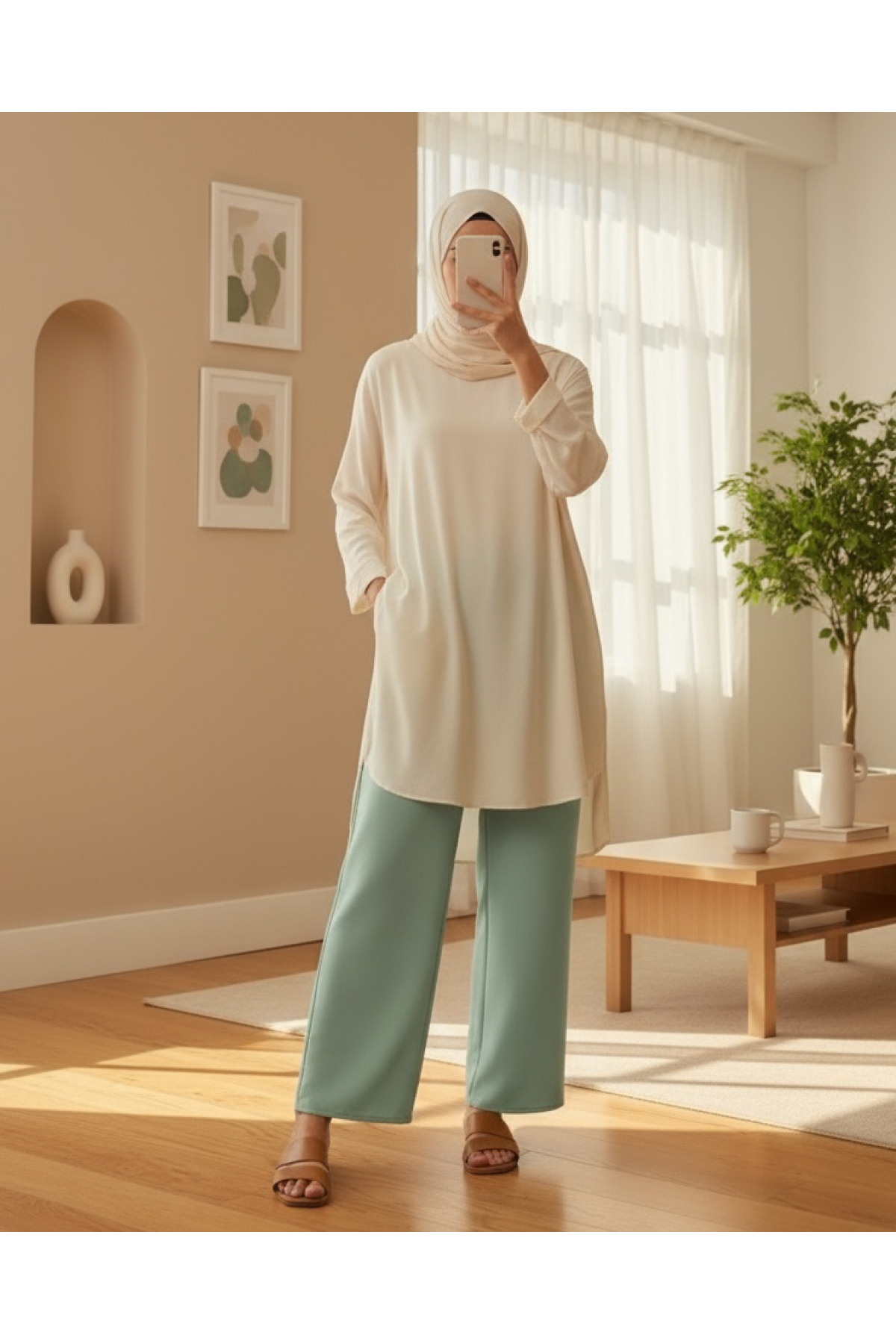 Tie Waist Double Wide Leg Trousers       -Sea green