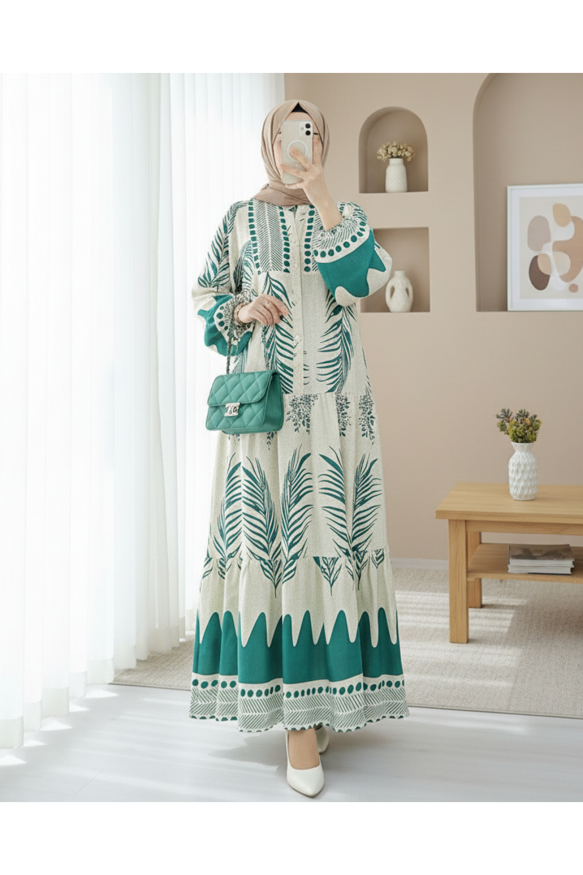 Stand Collar Half Buttoned Leaf Pattern Dress -Forest Green