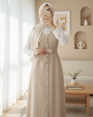 Buttoned Belted Striped Gilet   - Beige