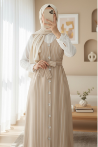 Boydan Düğmeli Kuşaklı Çizgili Jile   -Bej