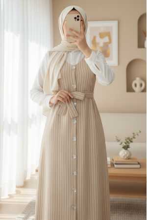 Boydan Düğmeli Kuşaklı Çizgili Jile   -Bej