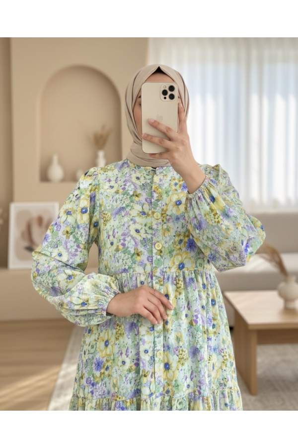 Half-Buttoned Floral Patterned Dress with Elastic Sleeves -LIGHT GREEN