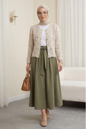 Önü Çiçek Nakışlı Ponponlu Düğmeli Triko Hırka -Taş