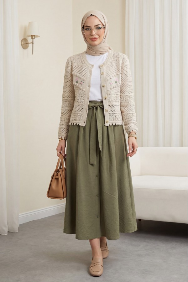 Knitted Cardigan with Floral Embroidery, Pom-Pom and Button Closure -Stone
