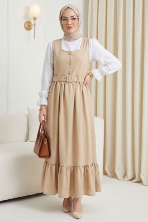 Top Düğmeli Altı Fırfırlı Beli Kemerli  Jile Elbise  -Vizon