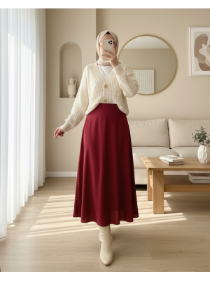 İçi Astarlı Saten Kloş Etek  -Bordo