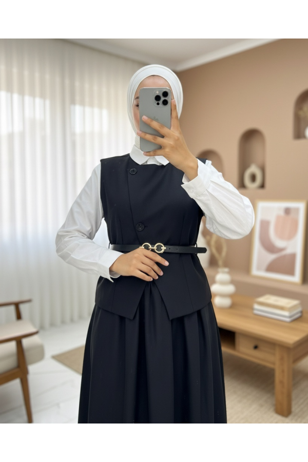 Cross-Buttoned Belted Vest and Skirt Set -Black