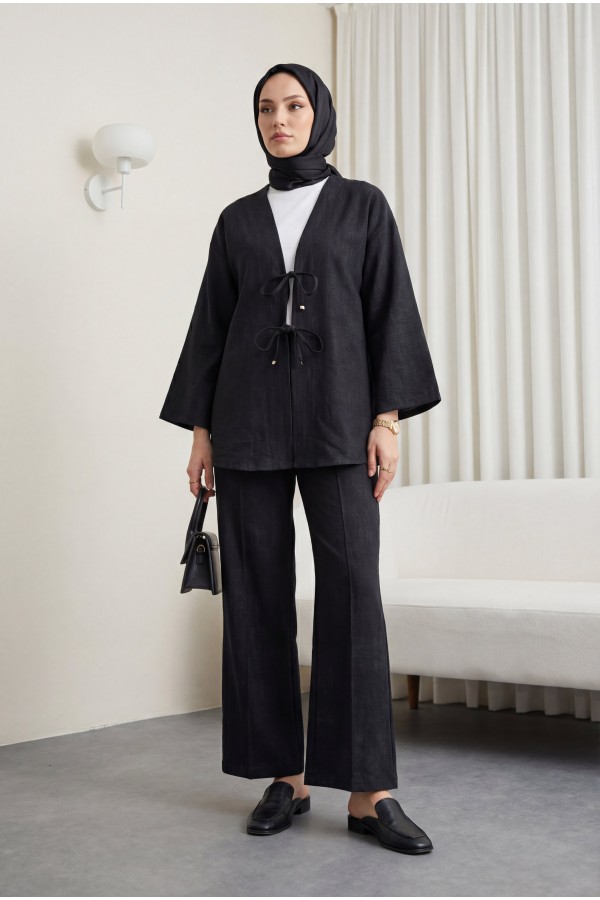 Önü Bağlamalı Pantolonlu Keten Görünümlü Kimono Takım  -Siyah