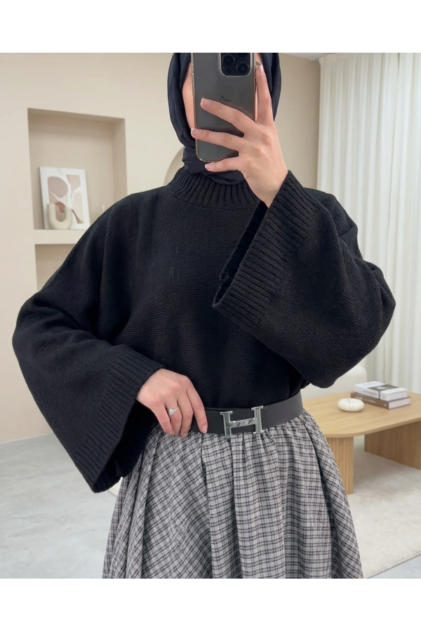 Half Turtleneck Crop Knit Sweater -Black