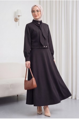 Gizli Düğmeli Fular Detaylı Etekli Diagonal Takım   -Siyah