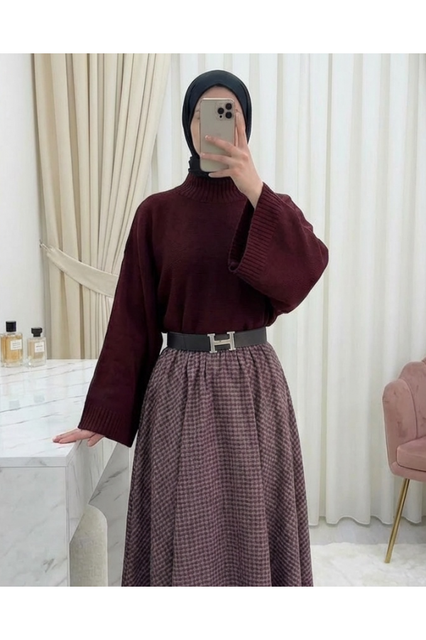 Half Turtleneck Crop Knit Sweater -Maroon