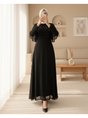 Simli Şifon Uzun Abiye -Siyah