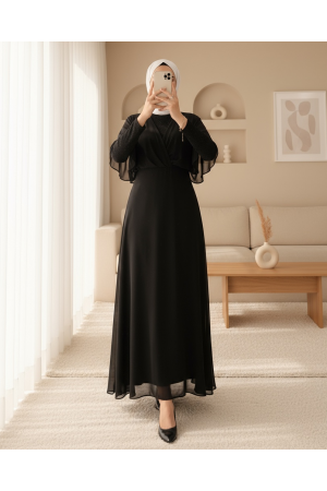 Simli Şifon Uzun Abiye -Siyah