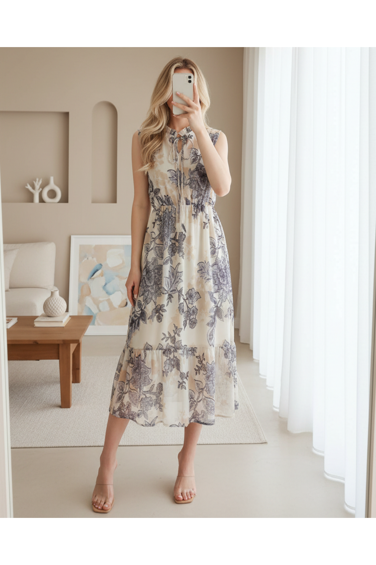 2503 Patterned Zero Sleeve Chiffon Dress 