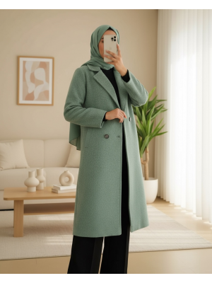 Yeşil Oversize Geniş Kesim Yünlü Uzun Kaşe Kaban 9113