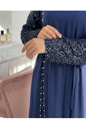 فستان سهرة شيفون بأكمام مزينة بالترتر وحزام -كحلي