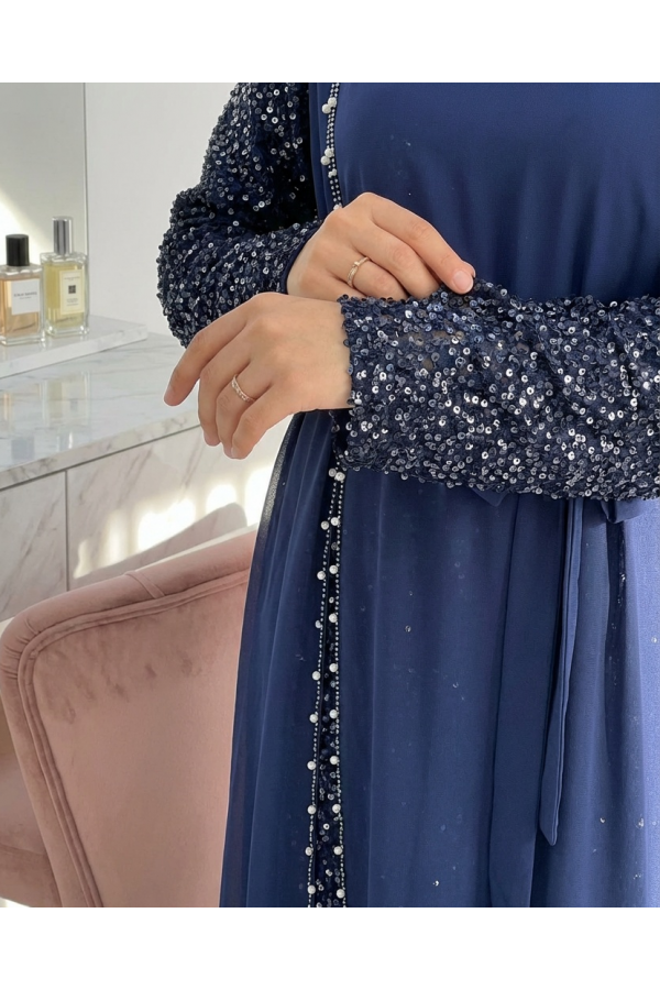 Chiffon Evening Dress with Sequined Sleeves and Belt -Navy blue