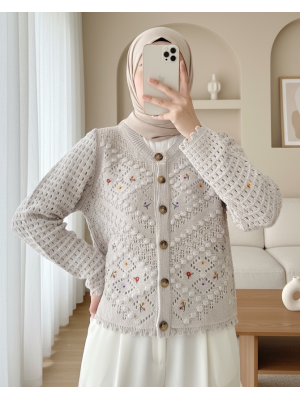 Çiçek Nakışlı Ponponlu Ajurlu Triko Hırka   -Taş