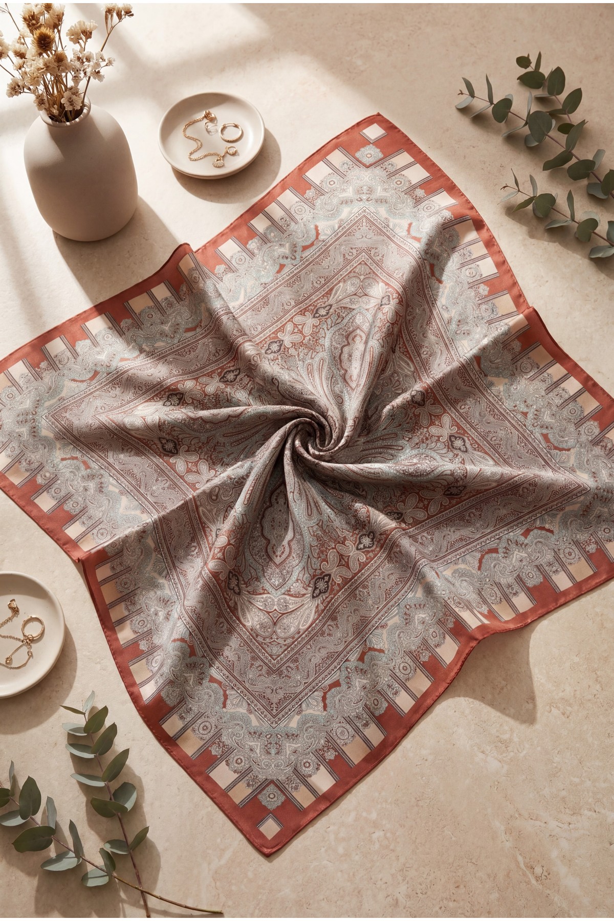 Authentic Patterned Cotton Scarf  -Brick color