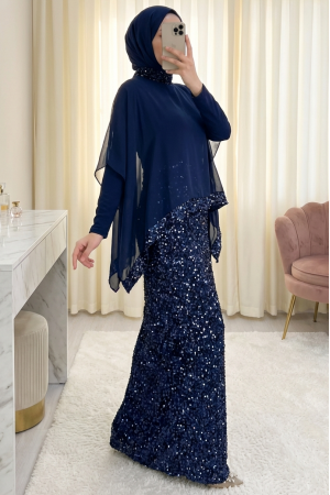 Cape Dress with Sequin Details on the Neckline and Hem -Navy blue