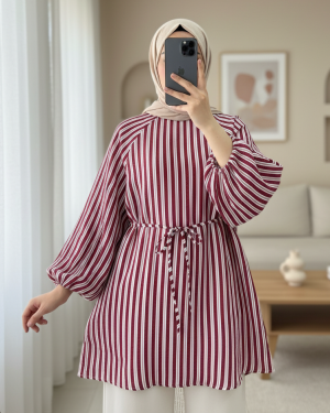 Balon Kol Belden Bağlamalı Astarlı Çizgili Tunik -Bordo