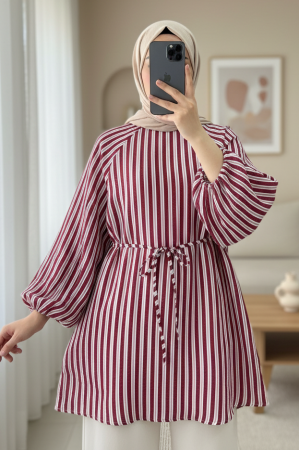 Balloon Sleeve Waist Tie Lined Striped Tunic -Maroon