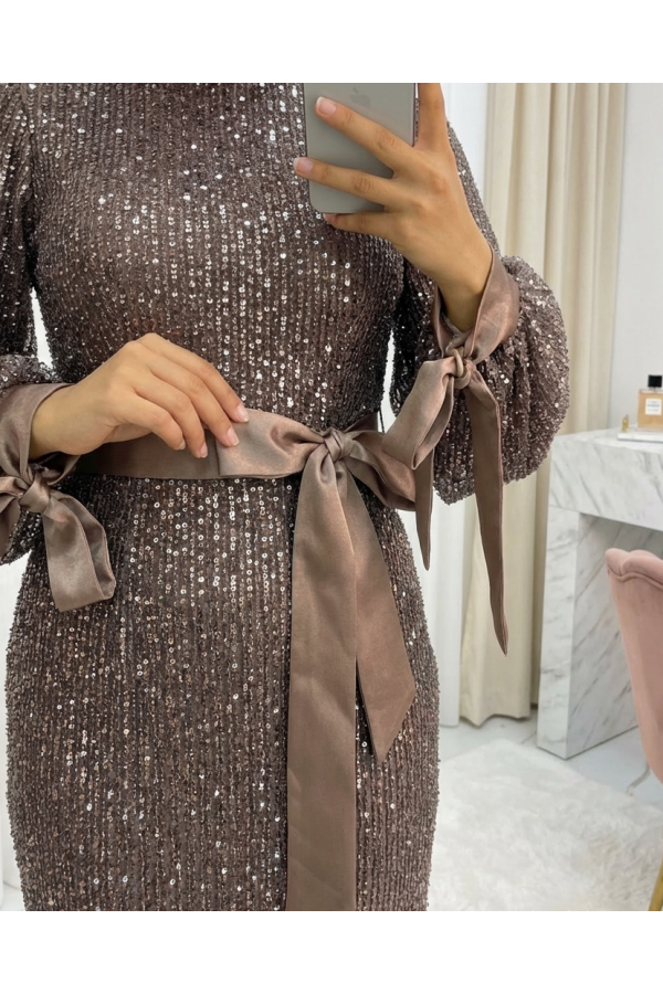 Cut Beaded Ribbon Sequin Belted Evening Dress -Light coffee