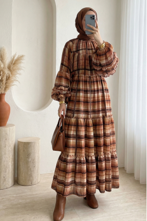 Patterned Dress with Elasticated Sleeves, Tie Waist, and Layered Ruffle Details -Brick color