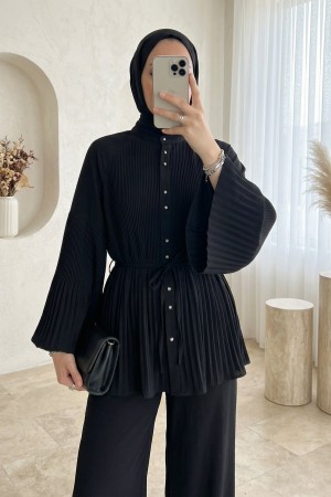 Piliseli Hakim Yaka Düğmeli Krep Takım -Siyah