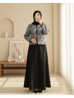 Etnik Desenli Top Düğmeli Scuba Takım -Siyah