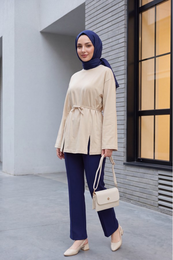 Beli Bağlamalı Yırtmaçlı Penye Tunik  -Bej