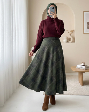 Ekose Desenli Yanı Fermuarlı  Kaşe Çan Etek -Haki