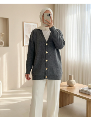 Önü Düğmeli Sakallı Salaş Triko Hırka -Füme