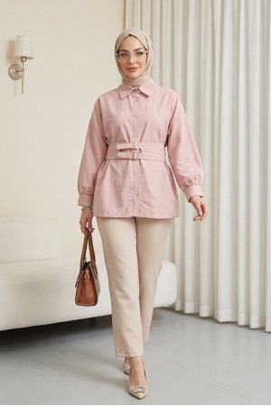 Çift Tokalı Lastikli Kemerli Önü Düğmeli Cupra Gömlek -Pudra