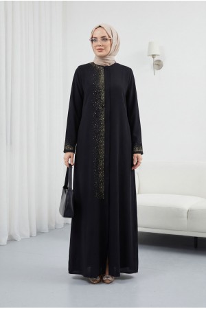 Işıl Taş Detaylı Büyük Beden Ferace Siyah HM2351