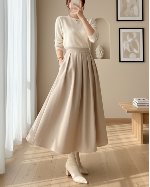 Pileli Kaşe Etek  -Bej