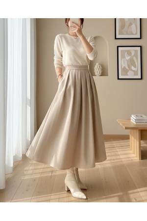 Pleated Stitch Skirt  - Beige