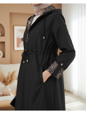 9091 Beli Büzgülü Kapşonlu Trençkot - Düz Siyah