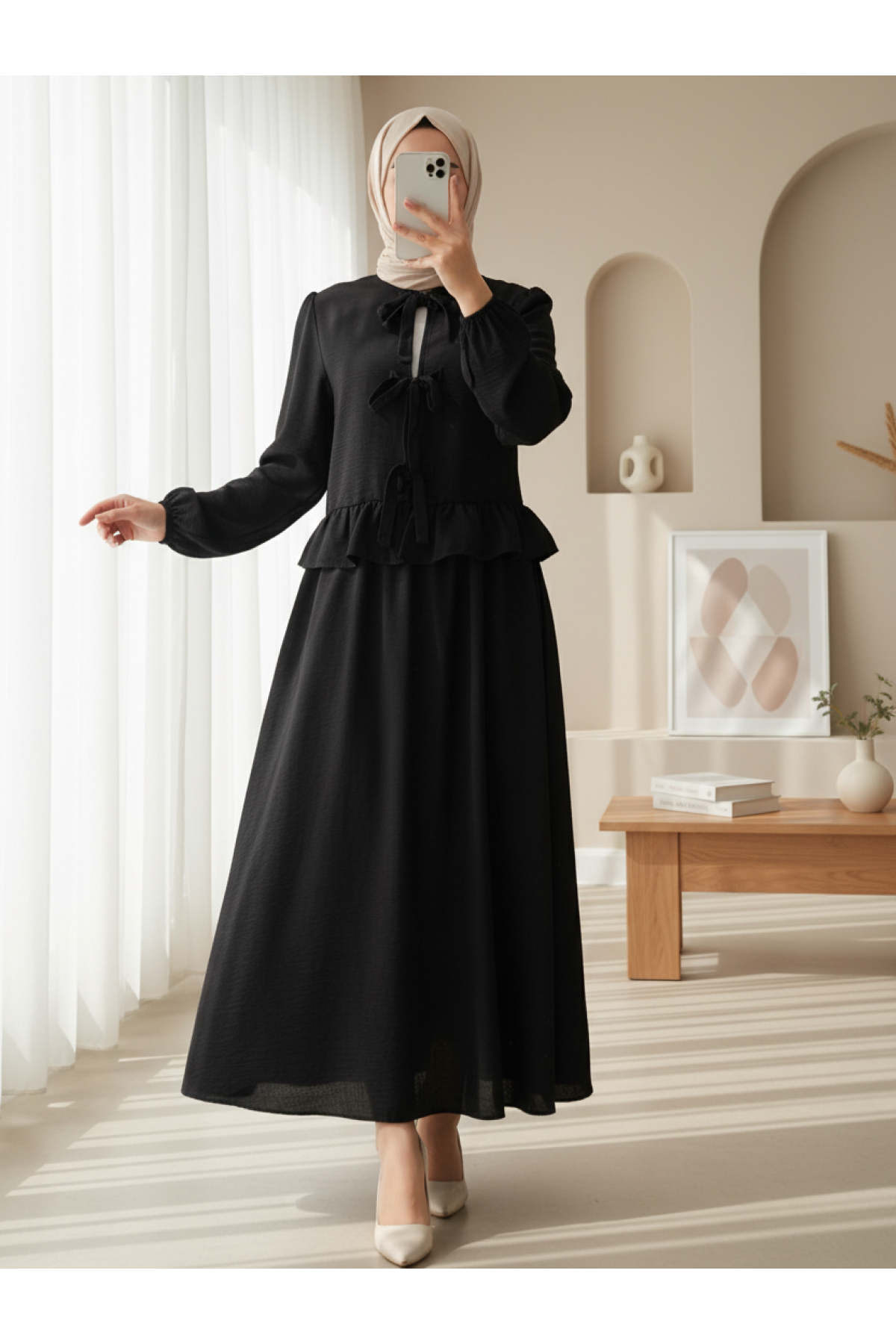 Lace-up Front Elastic Sleeve Skirt Set -Black