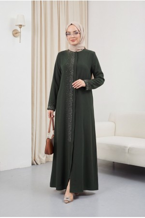 Işıl Taş Detaylı Büyük Beden Ferace Haki HM2351