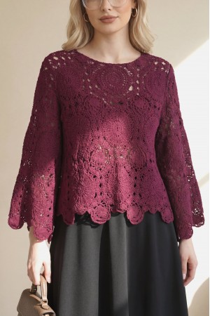 بلوزة محبوكة برقبة دائرية وأكمام إسبانية -بوردو