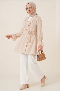 Crinkle Kimono with Ruffle Front Tie - Beige