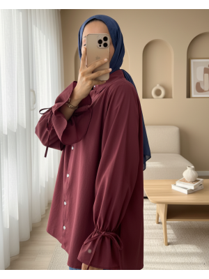 Kolu Büzgülü Arkası Piliseli Gömlek  -Bordo