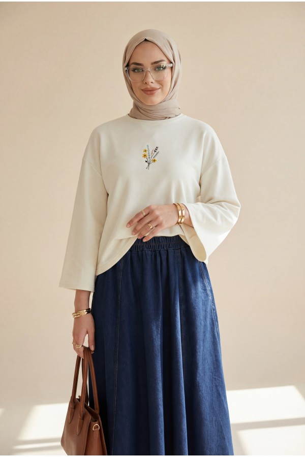Round Neck Loose Fit Jersey Blouse with Floral Embroidery on the Front  -Ecru