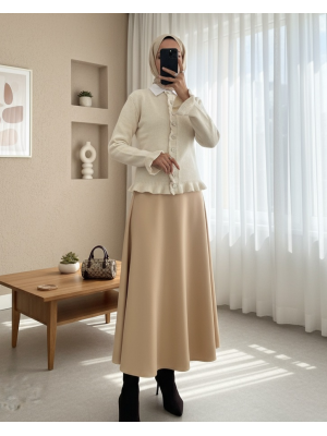 Düğmeli Önü Ve Eteği Fırfırlı Hırka -Taş