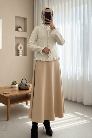 Düğmeli Önü Ve Eteği Fırfırlı Hırka -Taş