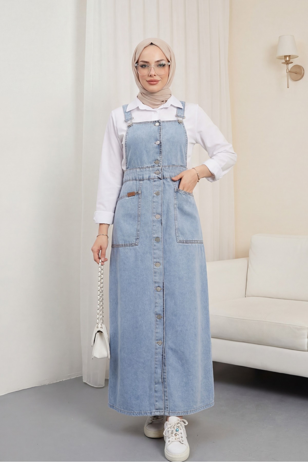Buttoned Double Pocket Denim Overalls -Ice Blue