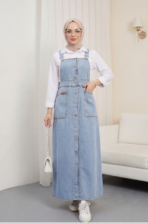 Boydan Düğmeli Çift Cepli Kot Salopet -Buz Mavi
