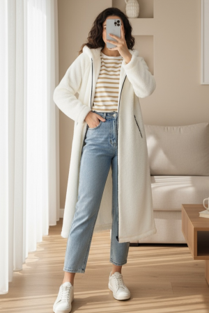 Astarlı Kapşonlu Kuzu Pelüş Kışlık Kaban  -Ekru