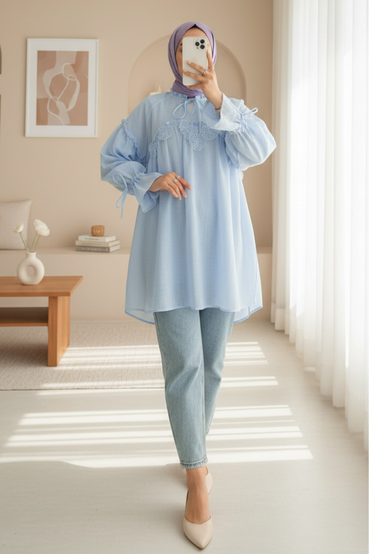 Raw Linen Shirt with Tied Collar and Sleeves and Floral Detail on the Front-Blue